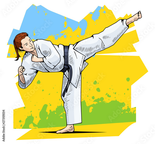 Vector illustration of a woman practicing karate. Female martial artist showing high kick. Karate, taekwondo. Beautiful sport themed poster.