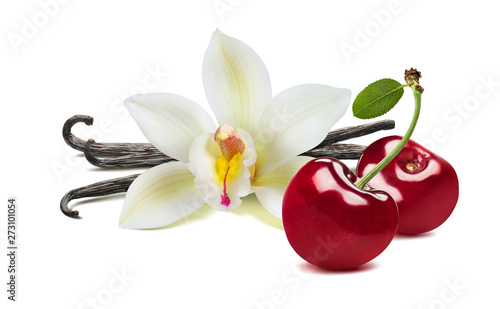 Vanilla flower and beans, sweet cherries isolated on white background