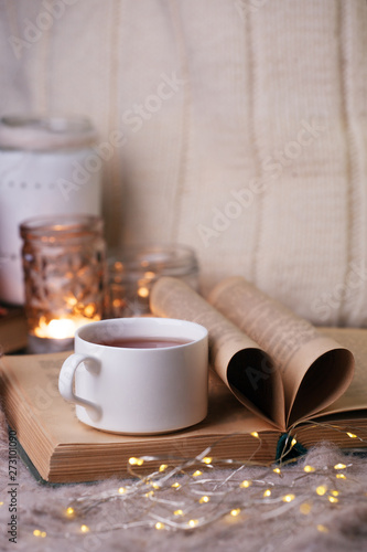 Warm knitted blanket, cup of hot tea and book on a wooden tray, autumn, winter seasonal background, love to read concept, cozy relax time in homely room