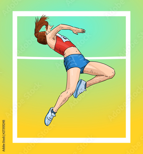 Vector illustration of a female athlete doing high jump. Beautiful sport themed poster. Summer sports. athletic sports.