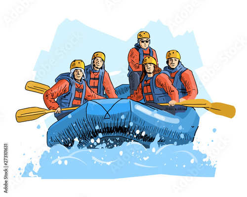 Vector illustration of a rafting team isolated on abstract background. Beautiful sport themed poster. Water sports, summer sports, river rafting, team building activity.