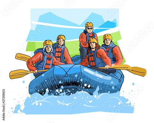 Vector illustration of a rafting team isolated on abstract background. Beautiful sport themed poster. Water sports, summer sports, river rafting, team building activity.