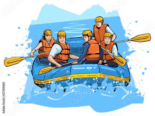 Vector illustration of a rafting team. Beautiful sport themed poster. Water sports, extreme sports, holiday, vacation, team building, river rafting © paper_owl