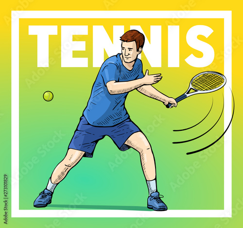 Vector illustration of a tennis player. Beautiful sport themed poster. Male tennis player posing with racket