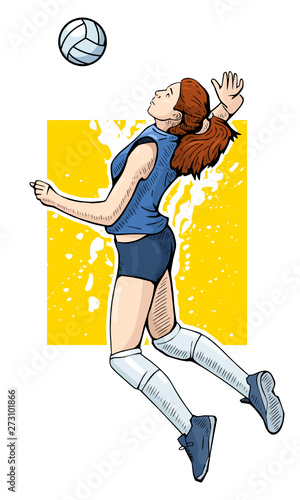 Vector illustration of a female volleyball player jumping. Bright and colorful sport themed poster. Female volleyball team