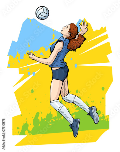 Vector illustration of a female volleyball player jumping. Bright and colorful sport themed poster. Female volleyball team