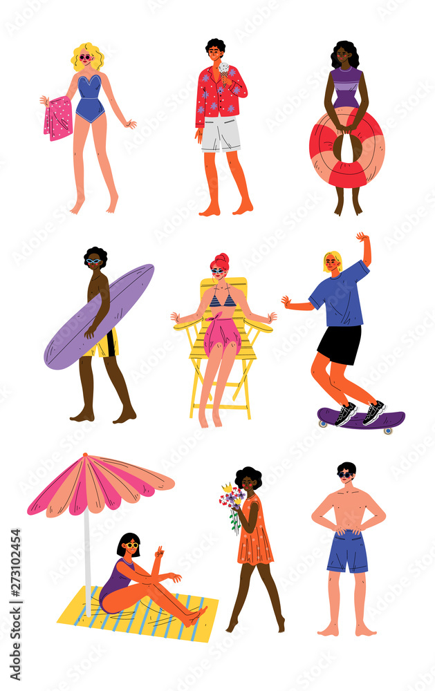 People Enjoying Summer Vacation Set, Young Men and Women Relaxing on Beach Vector Illustration