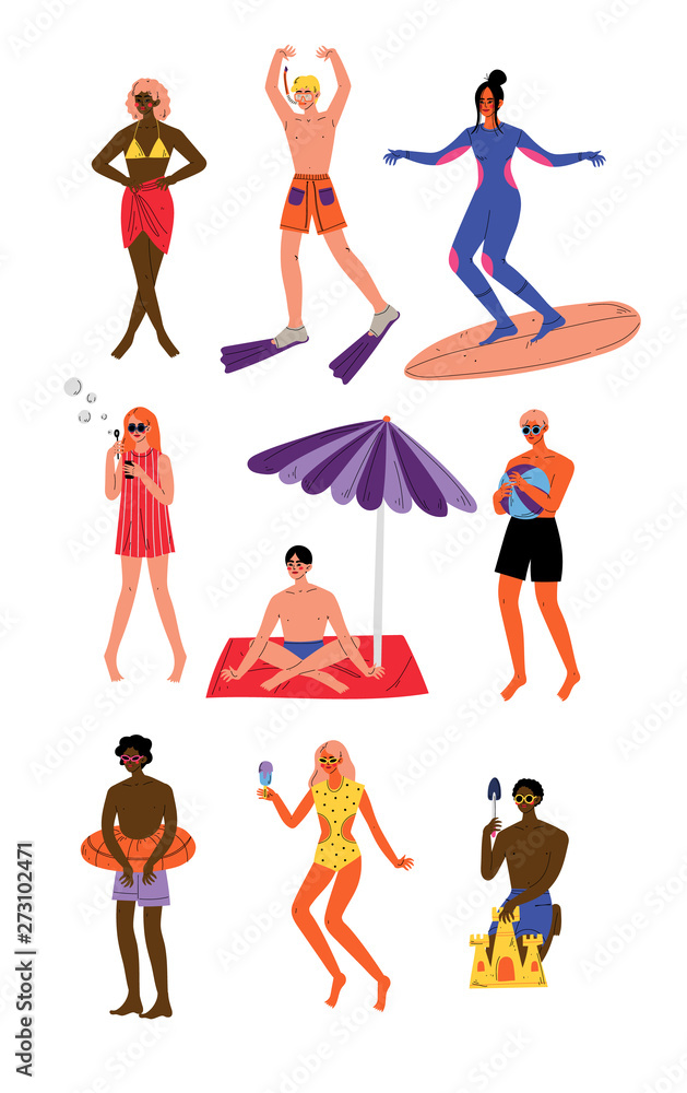 People Enjoying Summer Vacation Set, Young Men and Women Swimming, Sunbathing, Doing Sports, Relaxing on Beach Vector Illustration