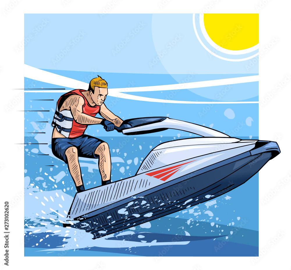 Vector illustration of a man riding personal watercraft. Beautiful sport themed poster. Water sports, extreme sports, sea, ocean, summer vacation, water scooter Vector illustration of a man riding personal watercraft. Beautiful sport themed poster. Water sports, extreme sports, sea, ocean, summer vacation, water scooter