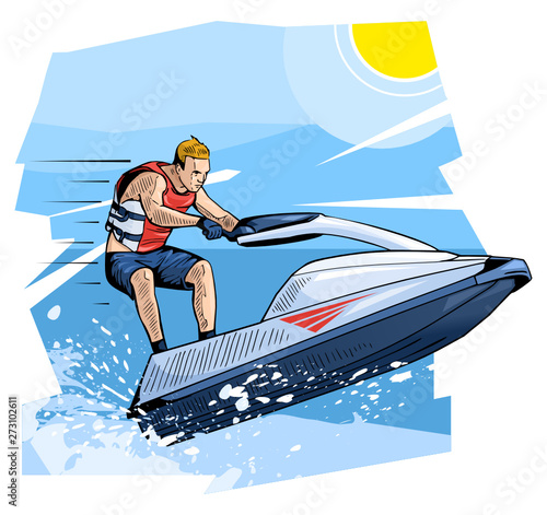 Vector illustration of a man riding personal watercraft. Beautiful sport themed poster. Water sports, extreme sports, sea, ocean, summer vacation, water scooter