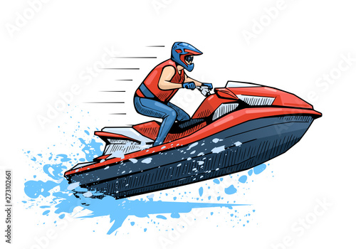 Vector illustration of a man riding personal watercraft. Beautiful sport themed poster. Water sports, extreme sports, summer vacation, water scooter