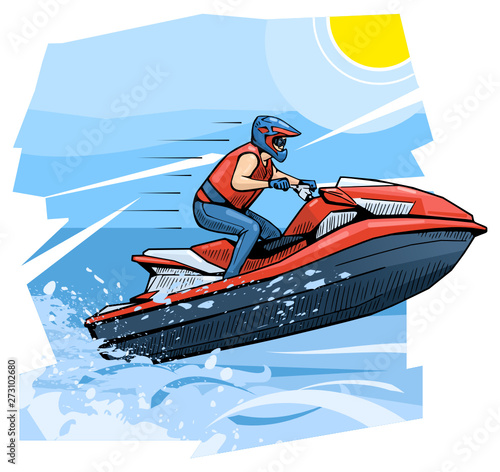 Vector illustration of a man riding personal watercraft. Beautiful sport themed poster. Water sports, extreme sports, summer vacation, water scooter