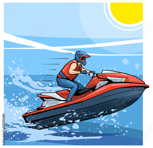 Vector illustration of a man riding personal watercraft. Beautiful sport themed poster. Water sports, extreme sports, summer vacation, water scooter