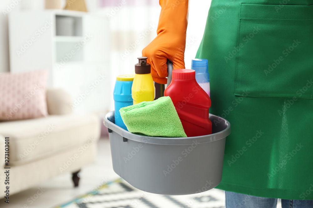 Woman with basin of detergents in living room, closeup. Cleaning service Woman with basin of detergents in living room, closeup. Cleaning service