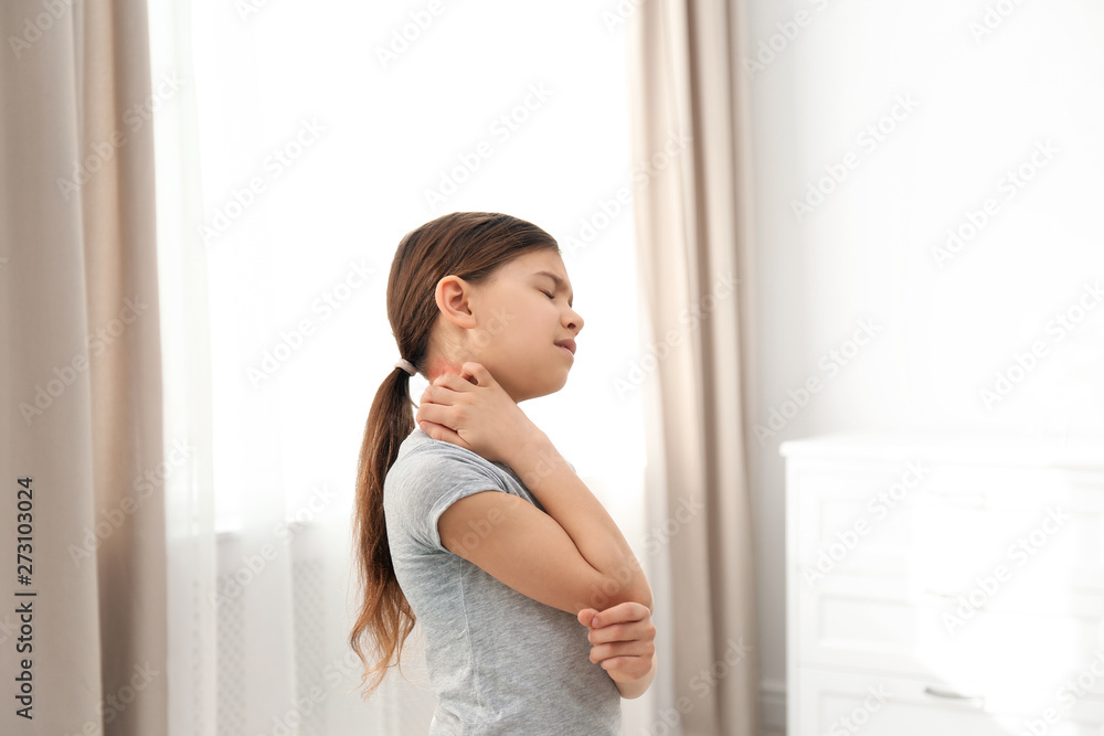 Little girl scratching neck indoors. Allergy symptoms Little girl scratching neck indoors. Allergy symptoms