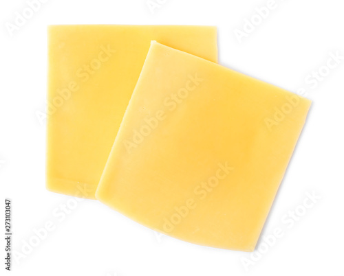 Slices of cheese for burger isolated on white, top view