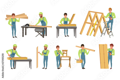 Professional Carpenters Characters Set, Men in Uniform Cutting Wooden Planks with Saw and Building Wooden Constructions Vector Illustration
