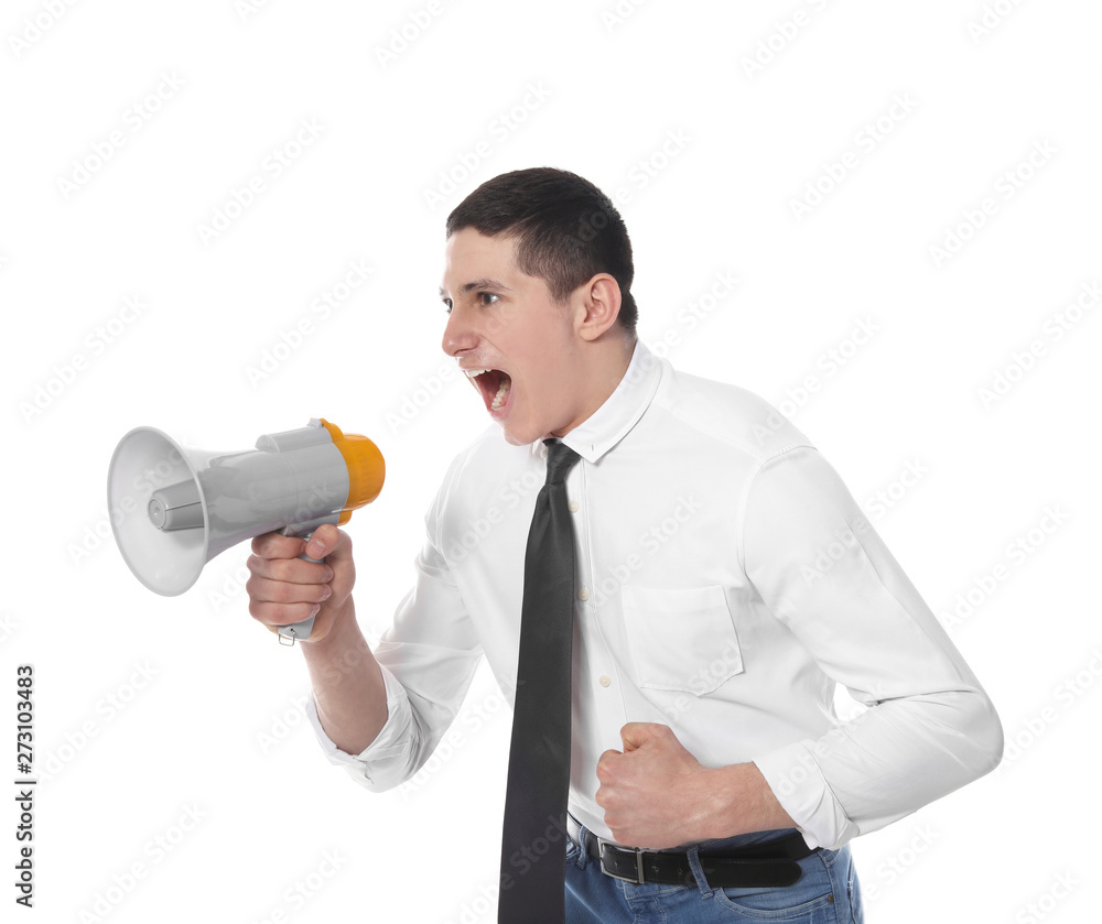 Portrait of emotional businessman using megaphone on white background Portrait of emotional businessman using megaphone on white background