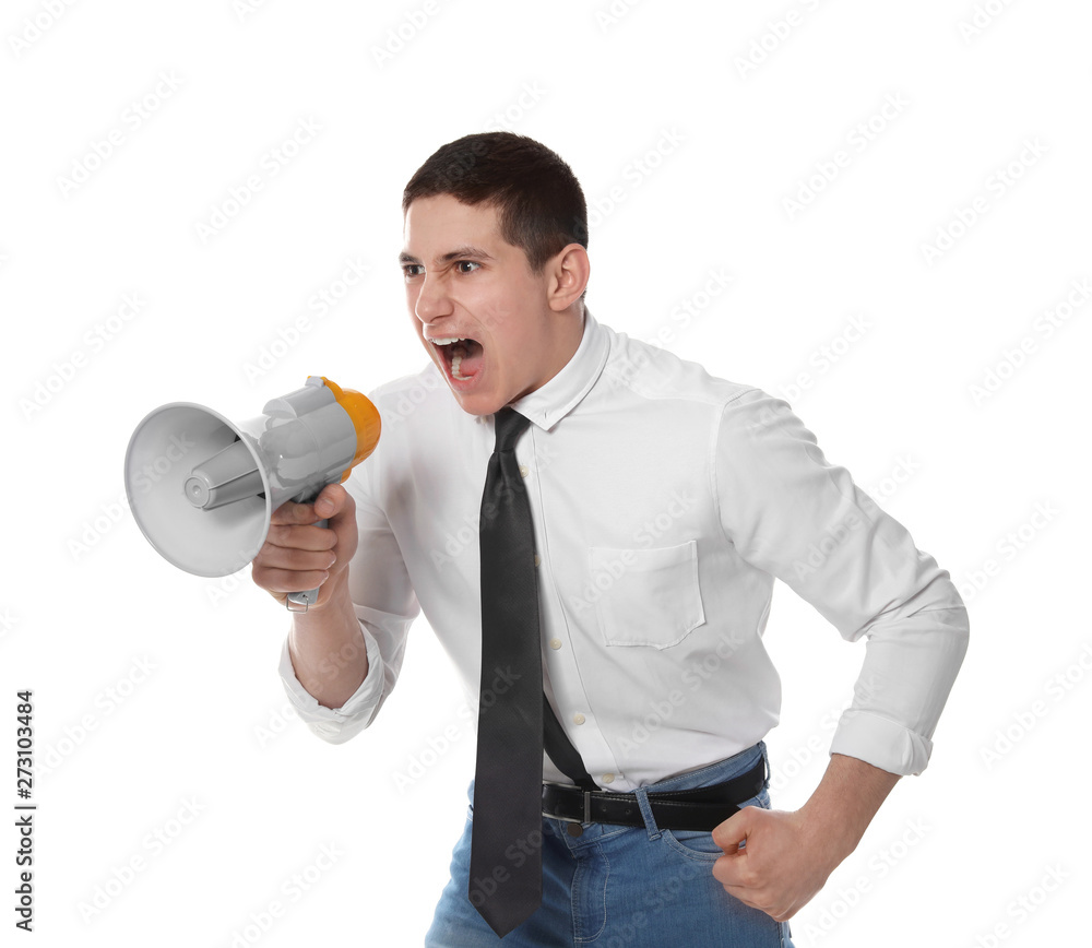 Portrait of emotional businessman using megaphone on white background Portrait of emotional businessman using megaphone on white background