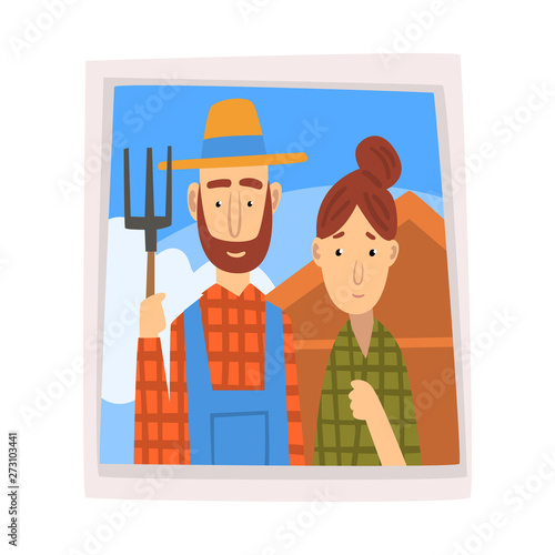 Family Portrait, Photo of Farmer and His Wife Vector Illustration