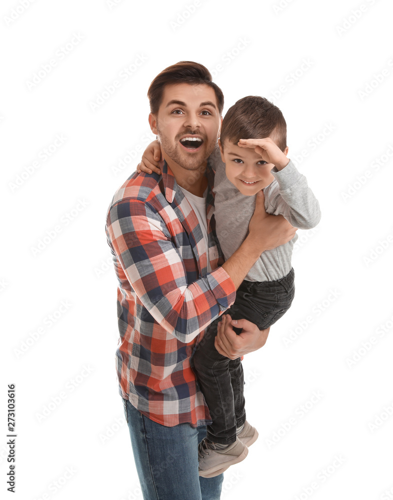 Portrait of dad playing with his son isolated on white Portrait of dad playing with his son isolated on white