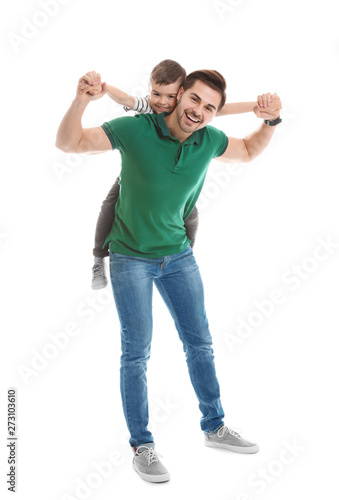 Foto Portrait of dad playing with his son isolated on white