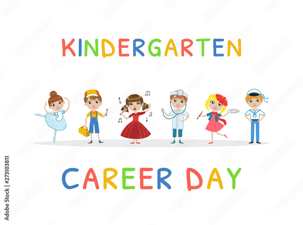 Kindergarten Career Day Banner Template, Kids Future Profession Vector Illustration