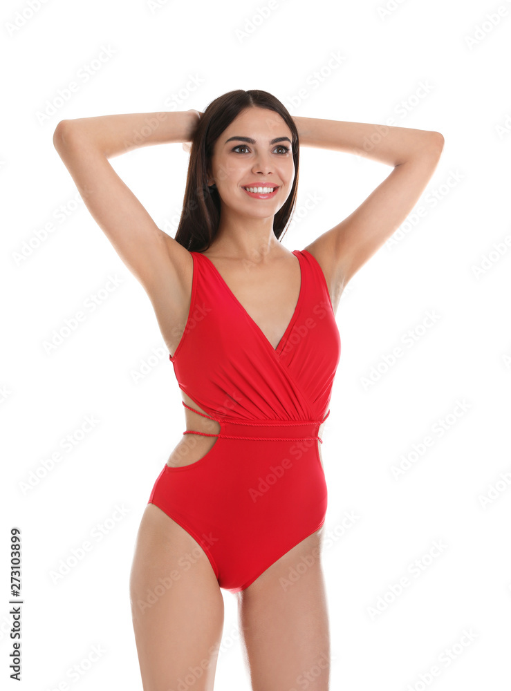 Portrait of attractive young woman with slim body in swimwear on white background Portrait of attractive young woman with slim body in swimwear on white background