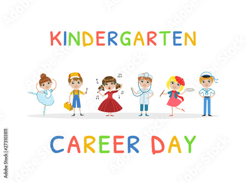 Kindergarten Career Day Banner Template, Kids Future Profession Vector Illustration