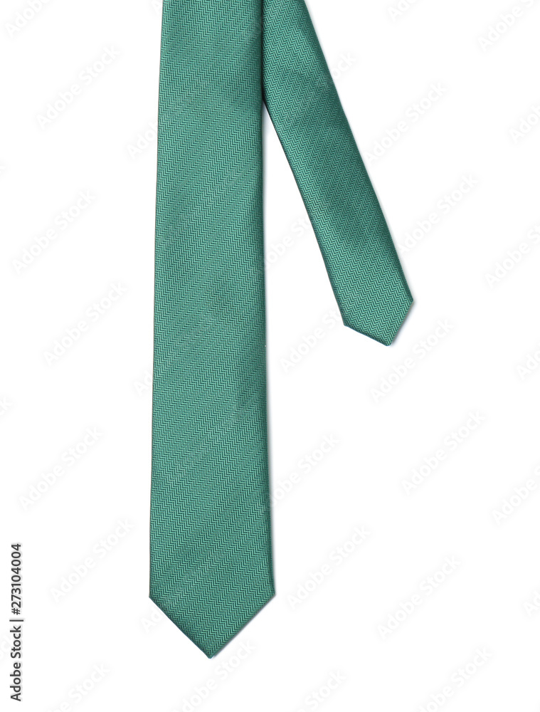 Green male tie isolated on white, top view