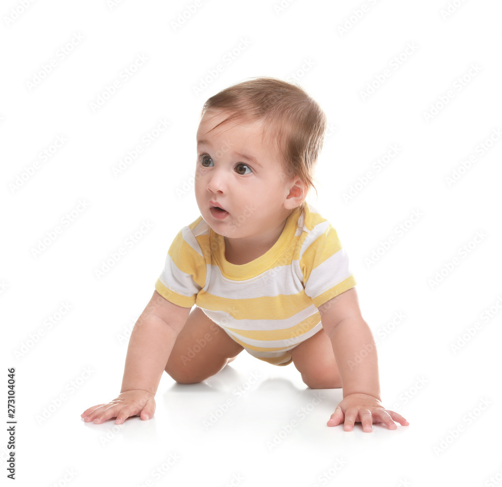 Cute little baby crawling on white background Cute little baby crawling on white background