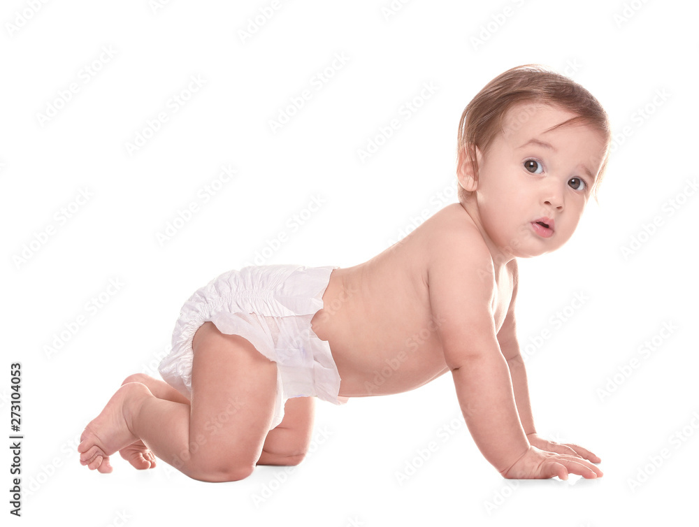 Cute little baby crawling on white background Cute little baby crawling on white background