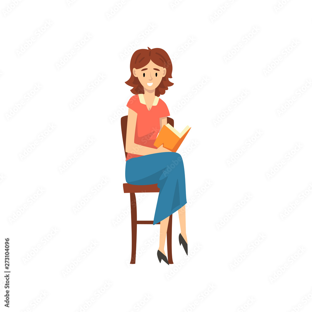 Cheerful Female Teacher Sitting on Chair and Reading Book Vector Illustration Cheerful Female Teacher Sitting on Chair and Reading Book Vector Illustration