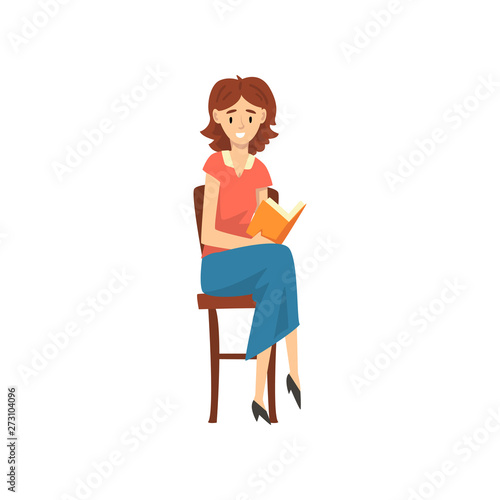 Cheerful Female Teacher Sitting on Chair and Reading Book Vector Illustration