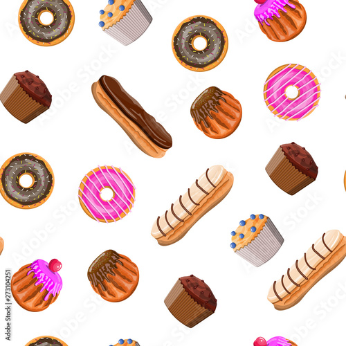 Sweet desserts set seamless pattern. Tasty food. Pastry or bakery. Eclair, donut, muffin. Chocolate cakes with cream custard and berry. Vector illustration in flat style