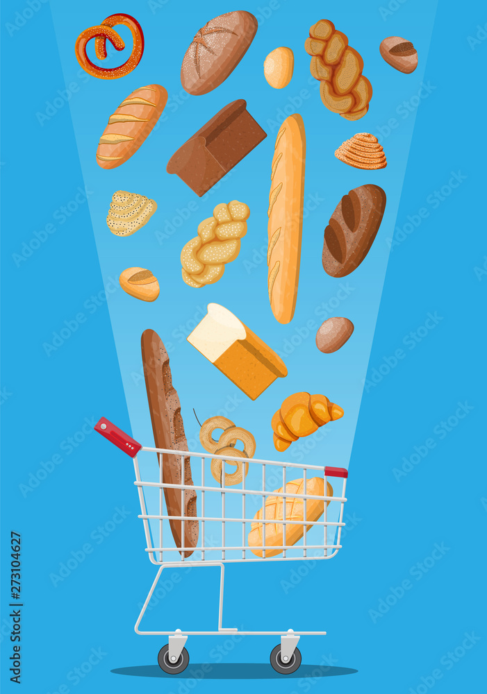 Bread icons and shopping cart. Whole grain, wheat and rye bread, toast, pretzel, ciabatta, croissant, bagel, french baguette, cinnamon bun. Vector illustration in flat style