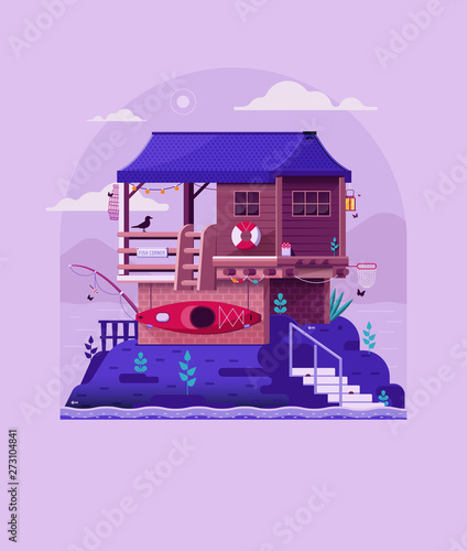 Fisherman house on rock by riverside. Wooden pier home on lake vintage print. Wanderlust poster with lonely cabin on lake inspired by serbian Drina house. River lodge landscape in flat design.