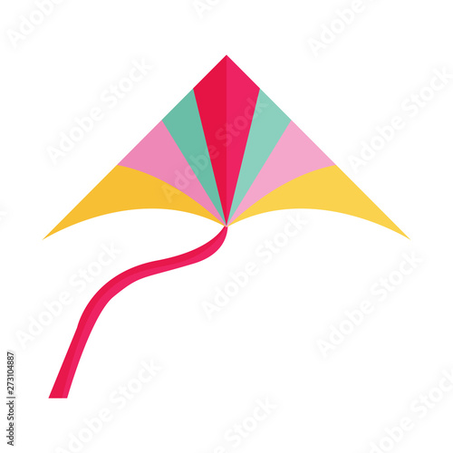 Flying handle kite for outdoor fun games and beach activities in flat design. Colorful kids flying toy single icon isolated on white background.