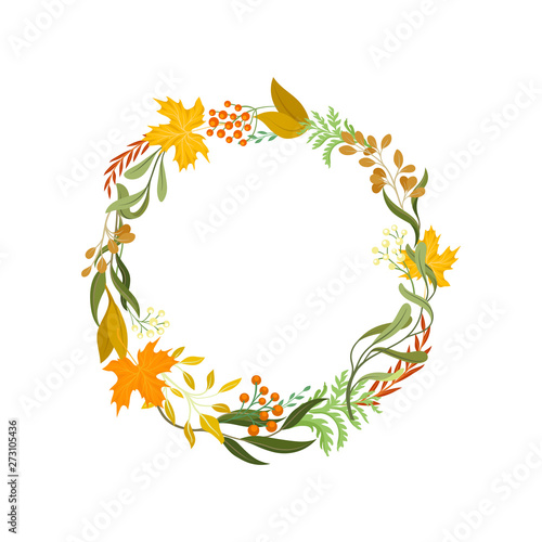 Autumn wreath of leaves. Vector illustration on white background.