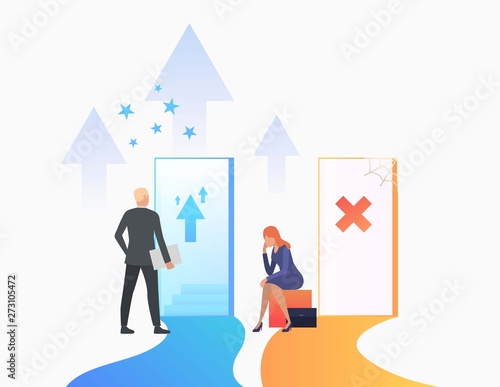 Businesspeople making career. Promotion, failure, open door, unequal career opportunities. Business concept. Vector illustration for presentation slide, poster, new project