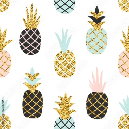 Creative seamless pattern of pineapple with gold glitter texture. Scandinavian stylish background. Vector illustration with hand drawn cute pineapple. Trendy print