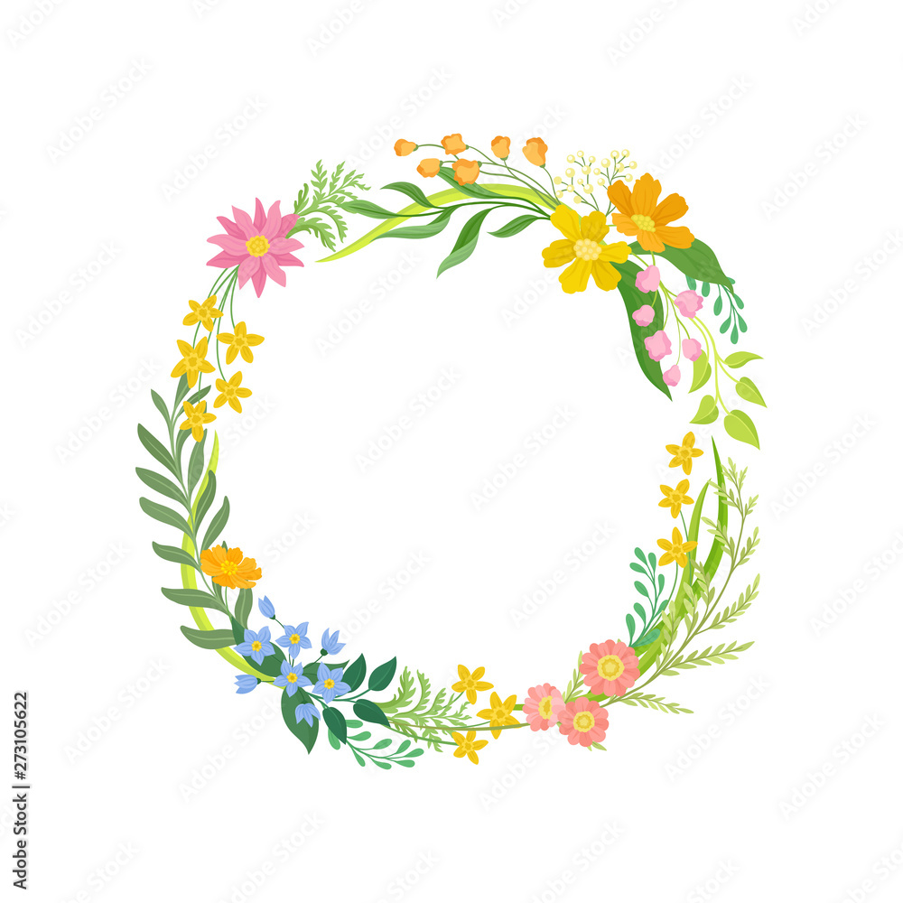 Wreath of green leaves of different shapes. Vector illustration on white background.