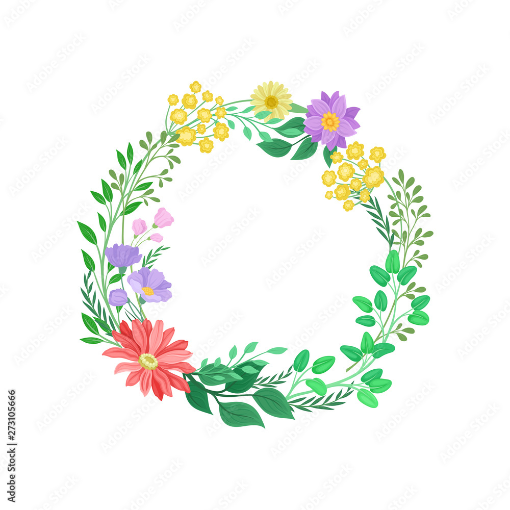 Wreath of green leaves with flowers. Vector illustration on white background.