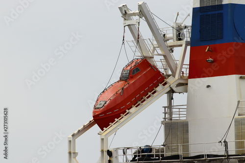 Lifeboat on the stern of tanker ship.