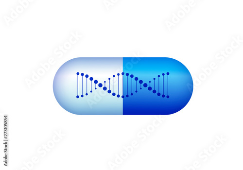 Vector science design elements. Flat blue gradient DNA spiral symbol in 3d pill isolated on white. Concept of gmo, gene modification. Design for scientific banner, poster, logo, infographic, web