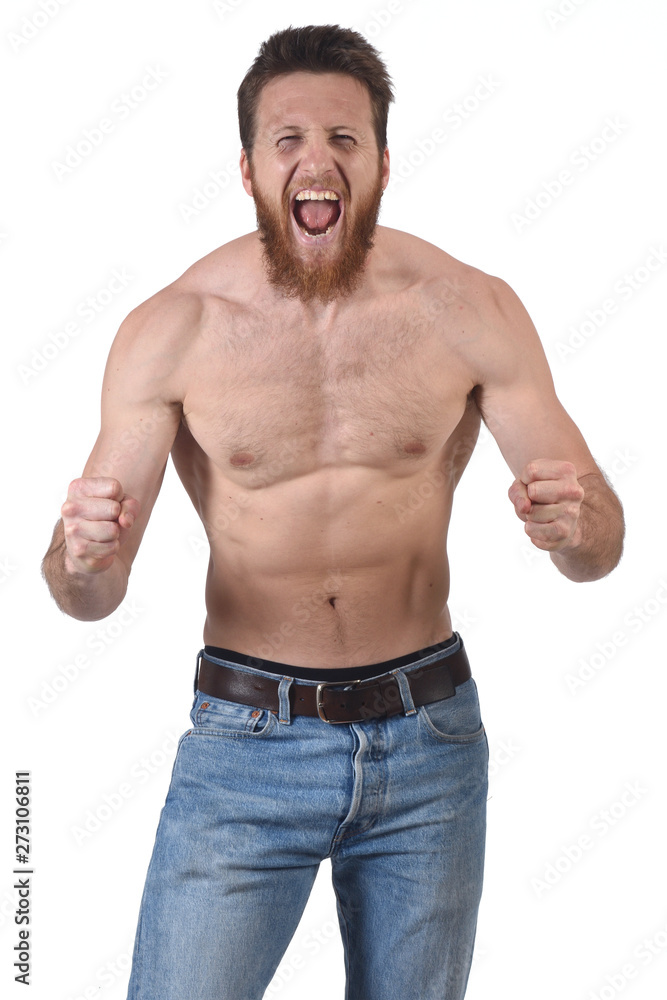 Fototapeta premium angry shirtless man in white background