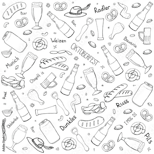 Vector background with beer, snacks and seafood. Doodle hand drawing set of vector sketches on black background. Sketchy collection of beer elements. Oktoberfest. Munich. Bavaria