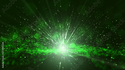 Glow green dust particale glitter sparks abstract background for celebration with light beam and shine in center.