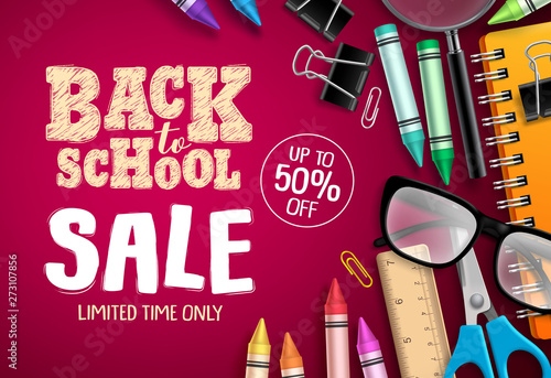Back to school sale banner vector design in red background with school supplies and education elements for store discount promotion. Vector illustration 