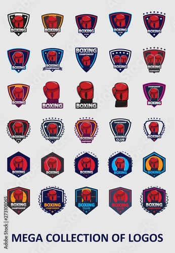 Boxing logos. Set of 30 boxing labels for your business. Modern design templates for sport